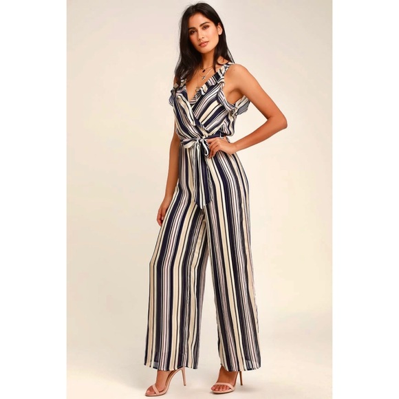 Lulus Pants - Lulu’s “Striped Summers” Ruffle Metallic Jumpsuit